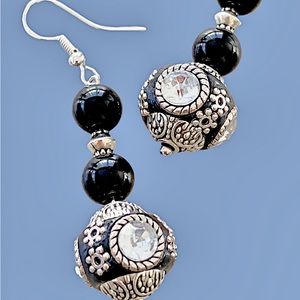 Indonesian beads new earrings with black beads and sterling silver hook.